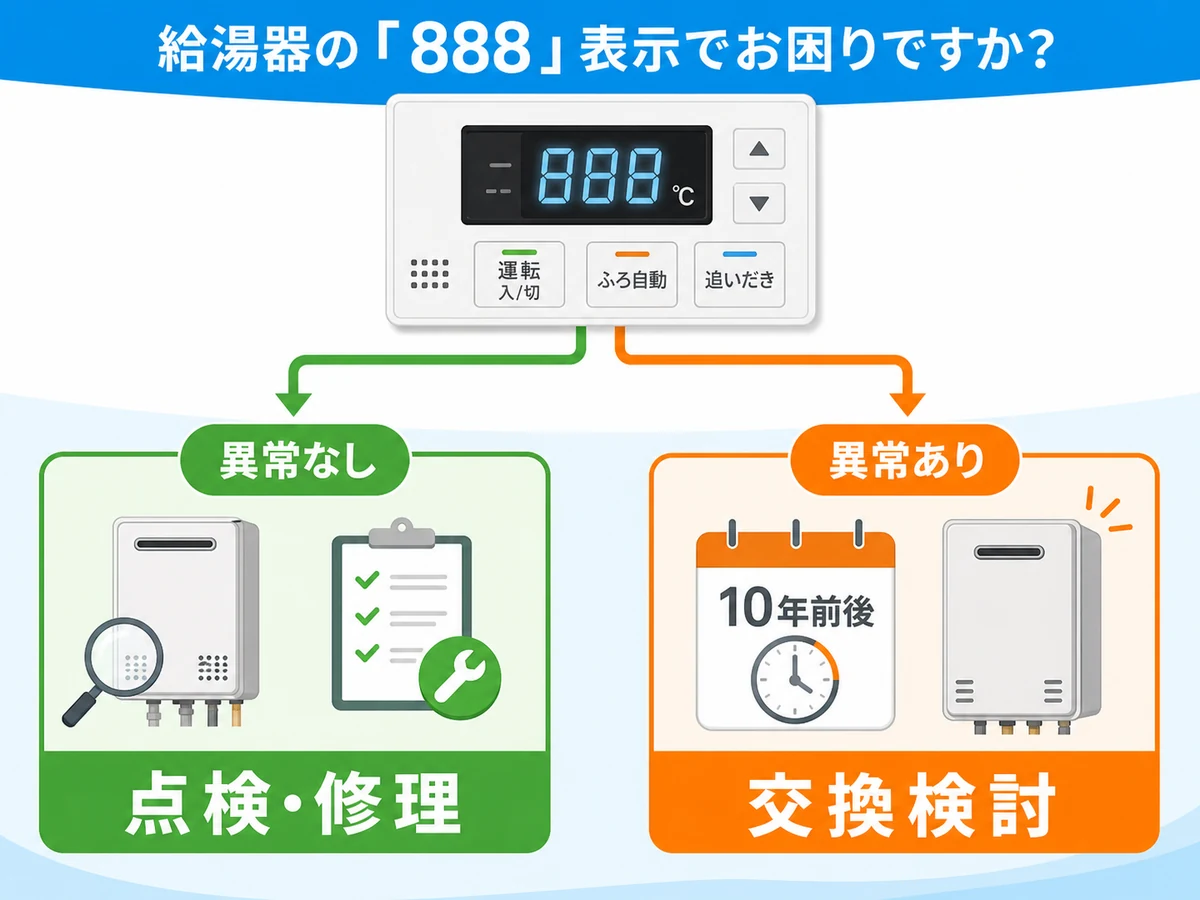 888表示後に異常なしなら点検や修理、異常ありや10年前後なら交換検討へ分ける判断図
