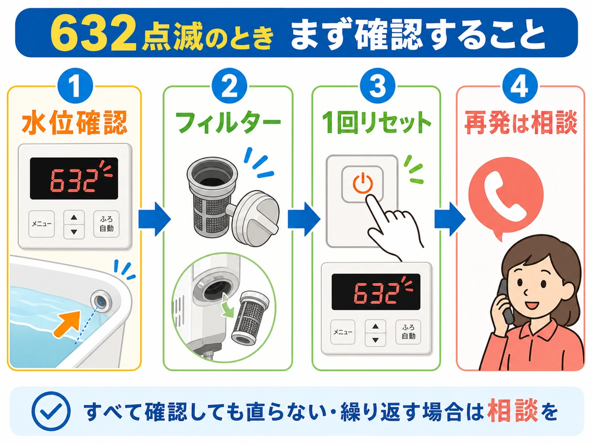 632点滅時に水位とフィルターから確認する流れ