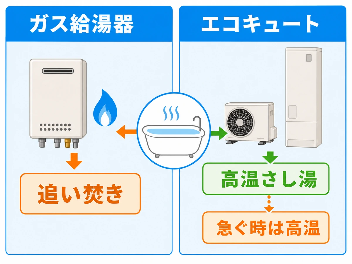 ガス給湯器とエコキュートで追い焚き・高温さし湯の使い分けが変わることを示す比較図
