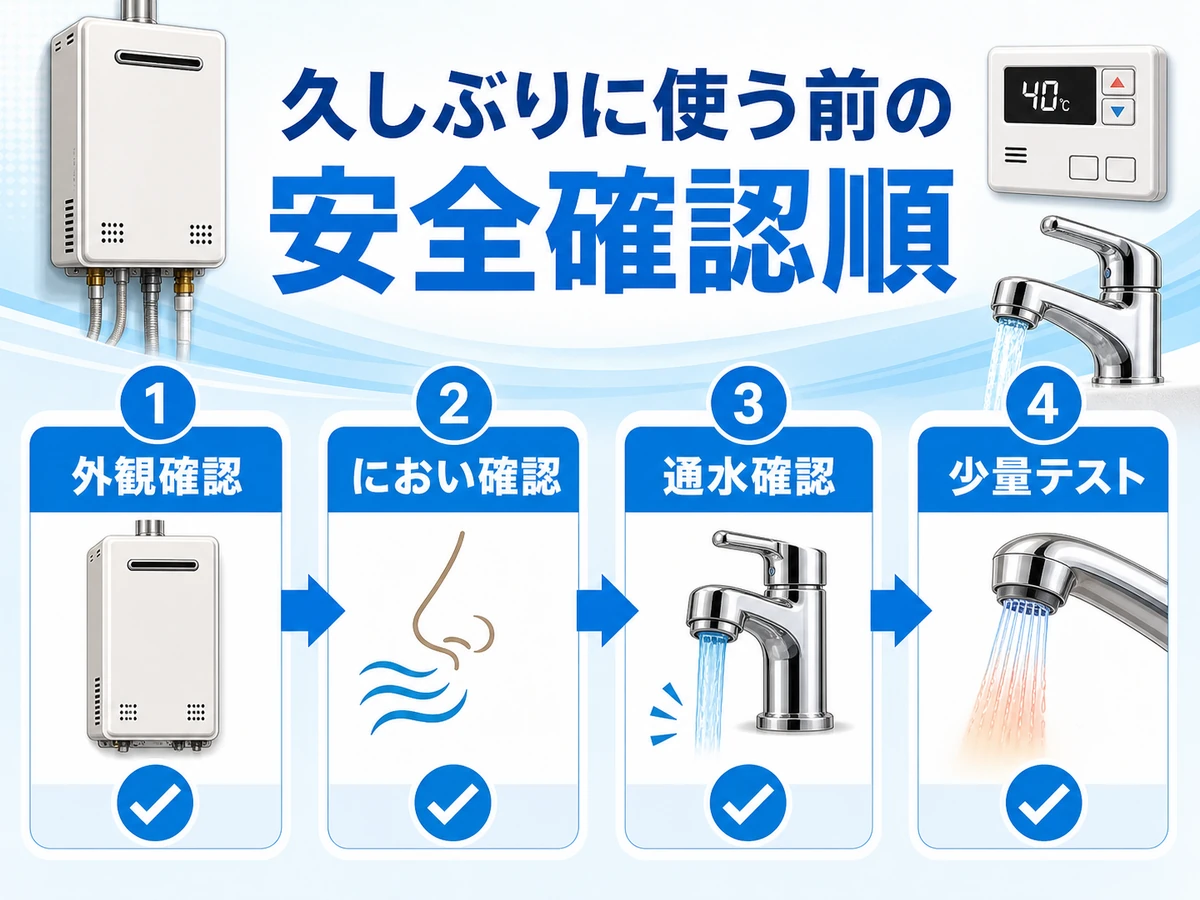 久しぶりに給湯器を使う前の外観確認、におい確認、通水確認、少量テストの流れ