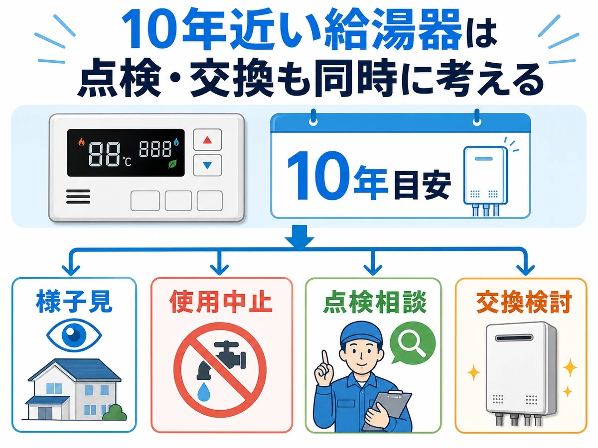 給湯器の使用中止、点検相談、交換検討を判断する分岐図