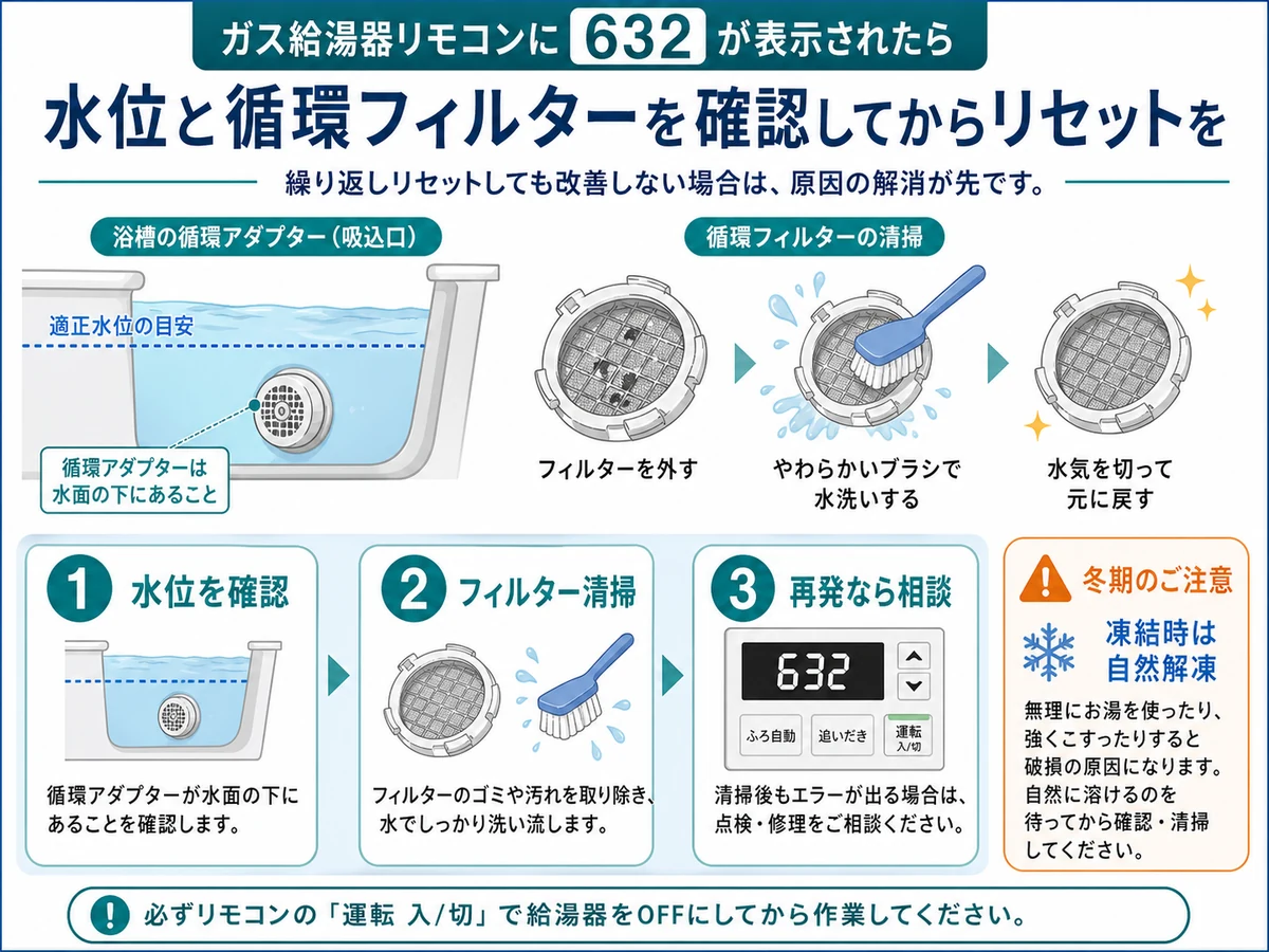 リンナイ給湯器のエラー632で水位と循環口フィルターを確認する手順