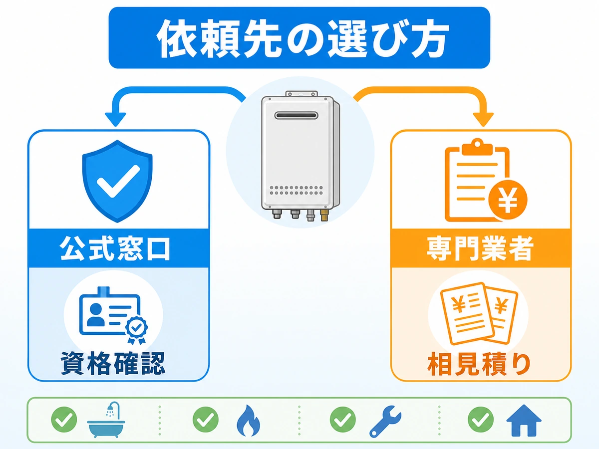 東京ガスエリアの給湯器入替で公式窓口と専門業者を資格確認と相見積りで比べる図