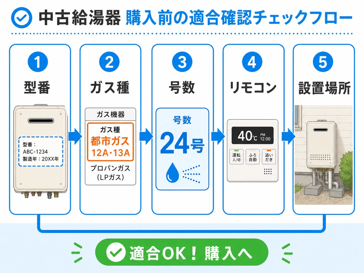 中古給湯器を購入する前に型番やガス種などを確認する流れ