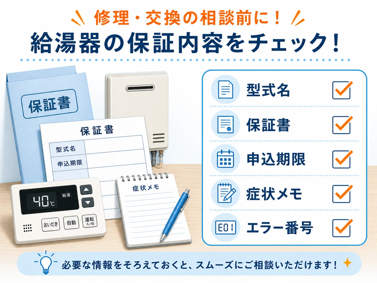 保証確認や修理相談の前に控える型式名、保証書、申込期限、症状メモ、エラー番号のチェックリスト