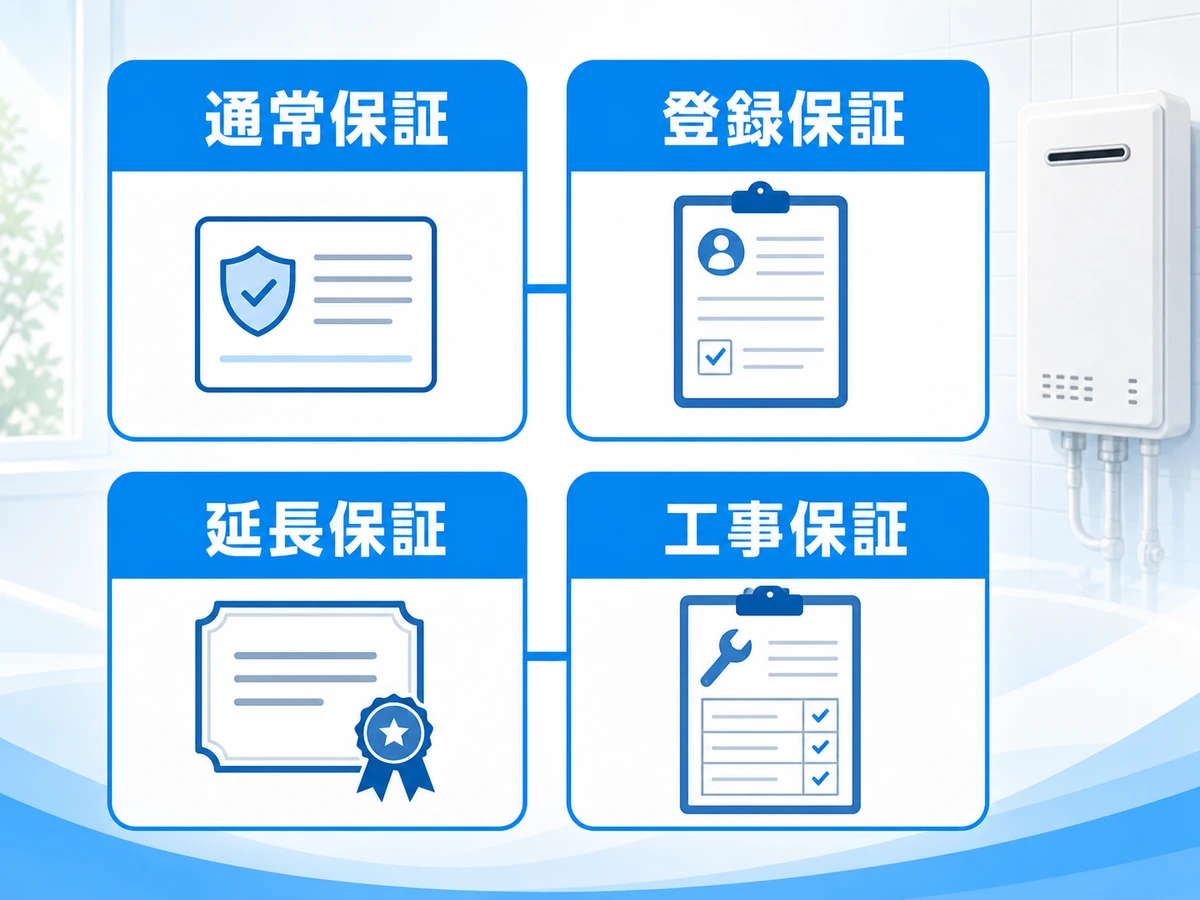 通常保証、登録保証、延長保証、工事保証の違いを示す図解