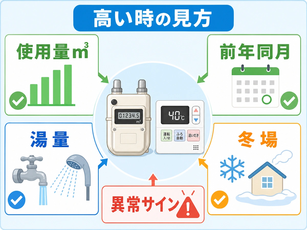 ガス代が高い時に使用量m3や前年同月を確認する流れ