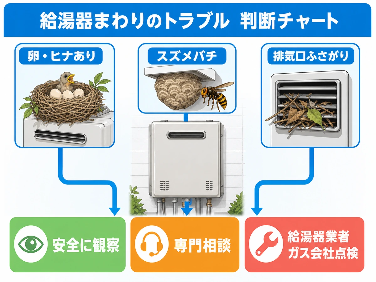 鳥の巣や蜂の巣と排気口ふさがりで相談先を分ける判断図