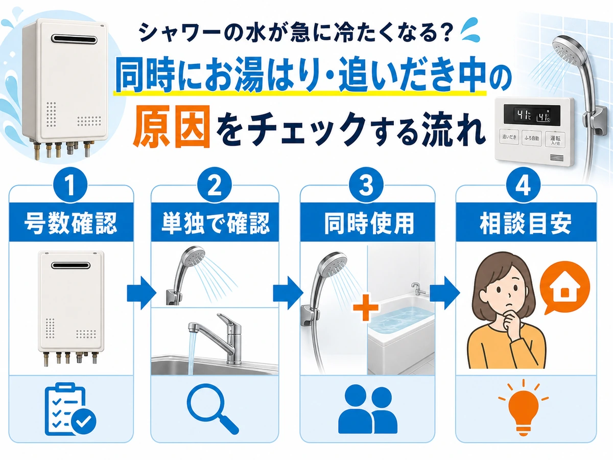追い焚きとシャワー同時使用で水になる時の確認フロー
