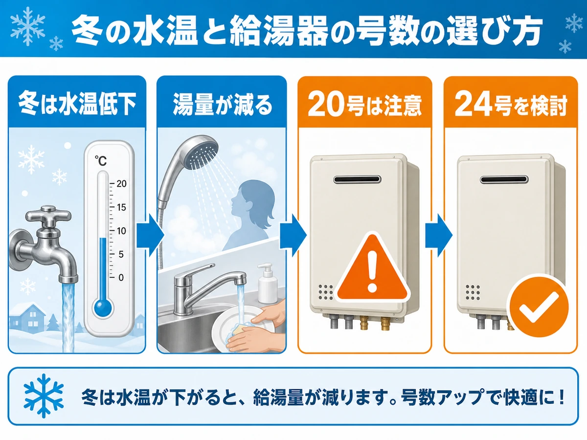 冬場に給湯器の湯量が減る理由と号数判断チャート