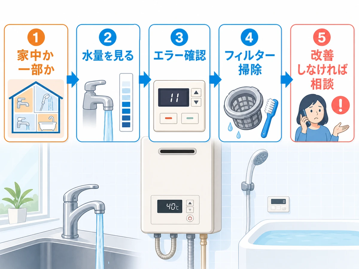 給湯器の詰まりで確認する順番を示すフロー図