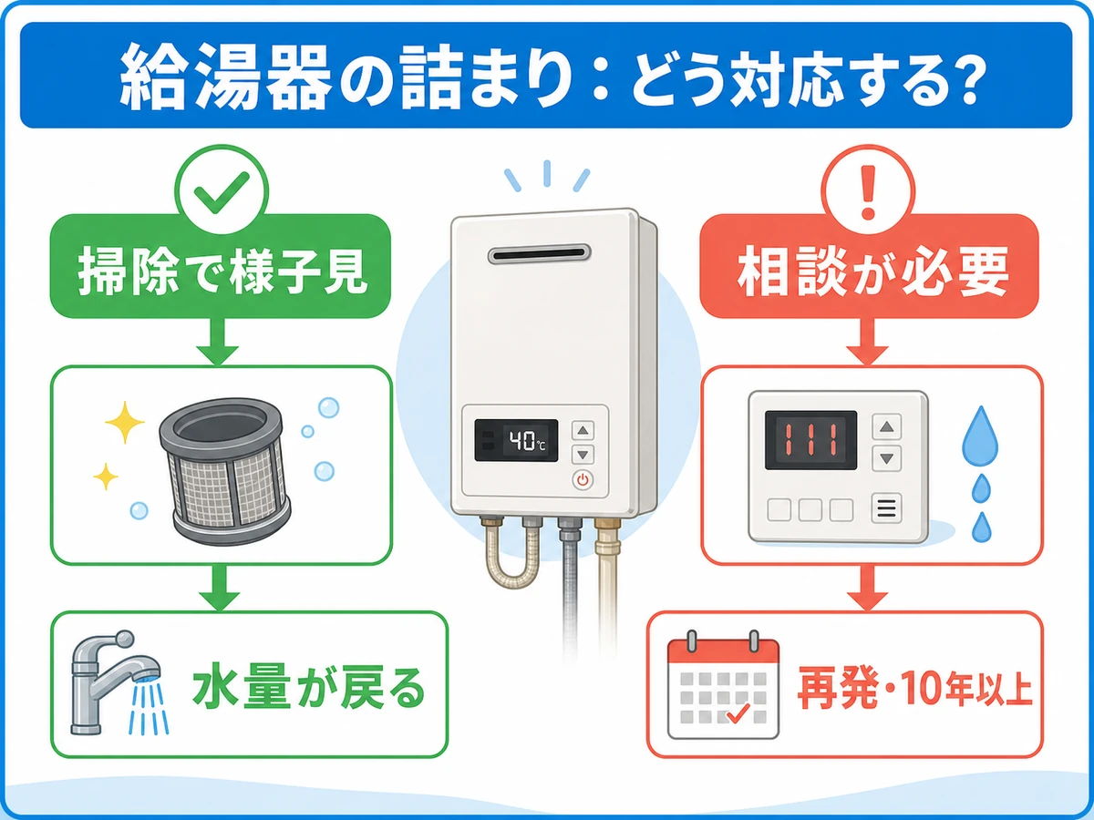 給湯器の詰まりで掃除か相談かを分ける判断図