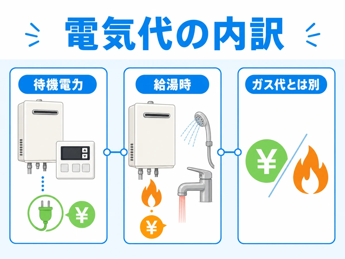 給湯器の電気代を待機電力、給湯時、ガス代とは別に分けて示す図