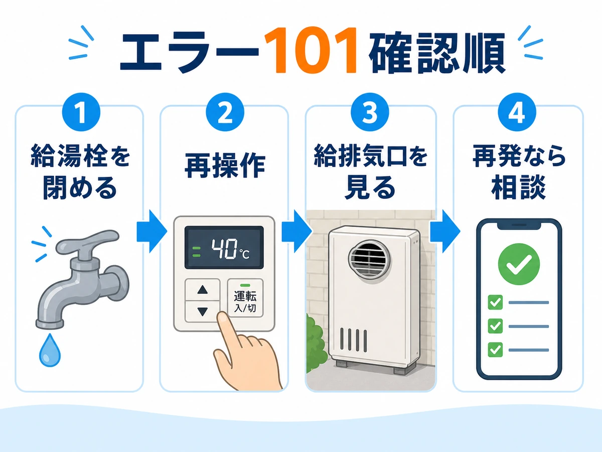 給湯器エラー101が出た時の給湯栓停止、再操作、給排気口確認、相談までの流れ