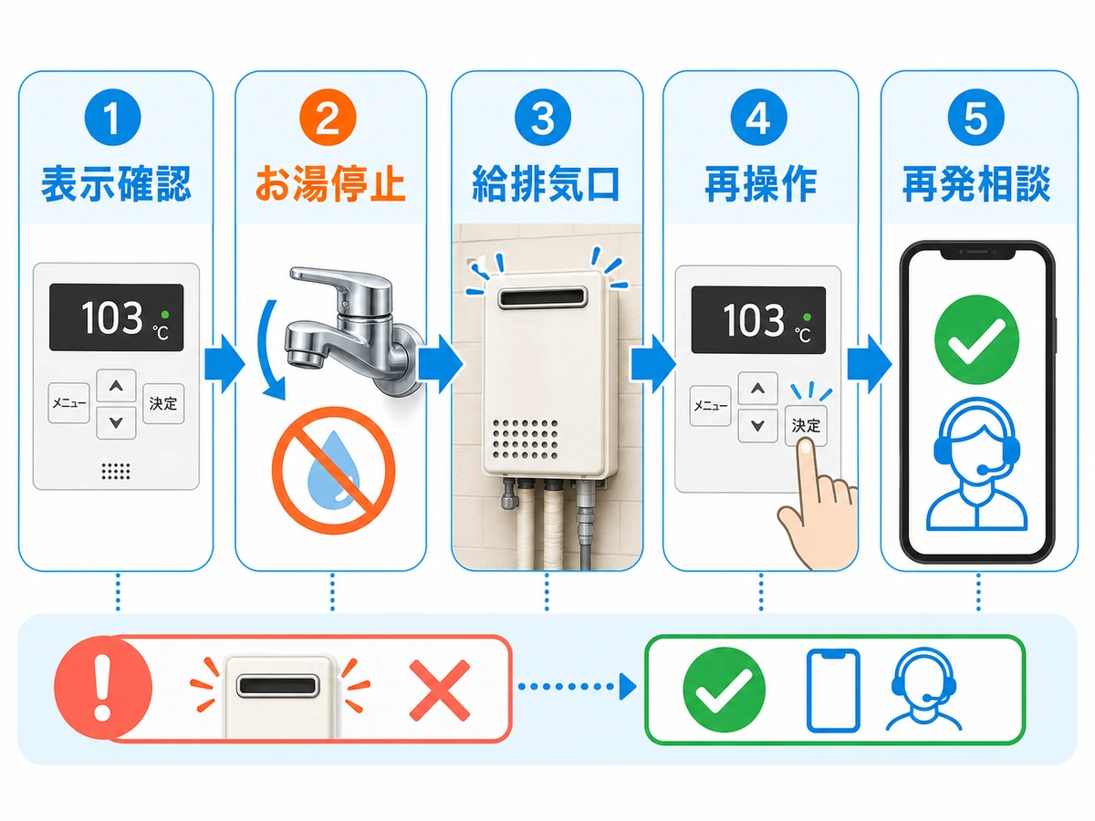 給湯器103エラーでリセット前に確認する表示・停止・給排気口・再操作・再発相談の流れ