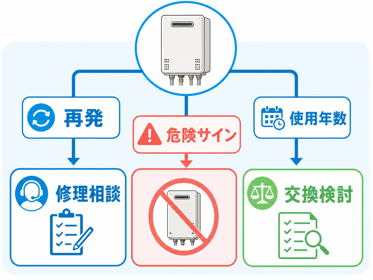 給湯器103エラーが再発したときの危険サイン・修理相談・交換検討・使用年数の判断図