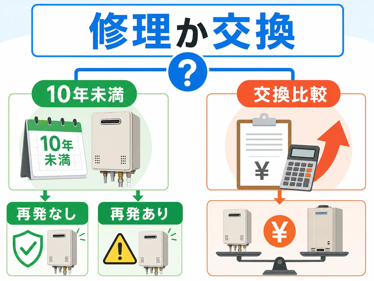 給湯器エラー140で修理か交換かを判断する図
