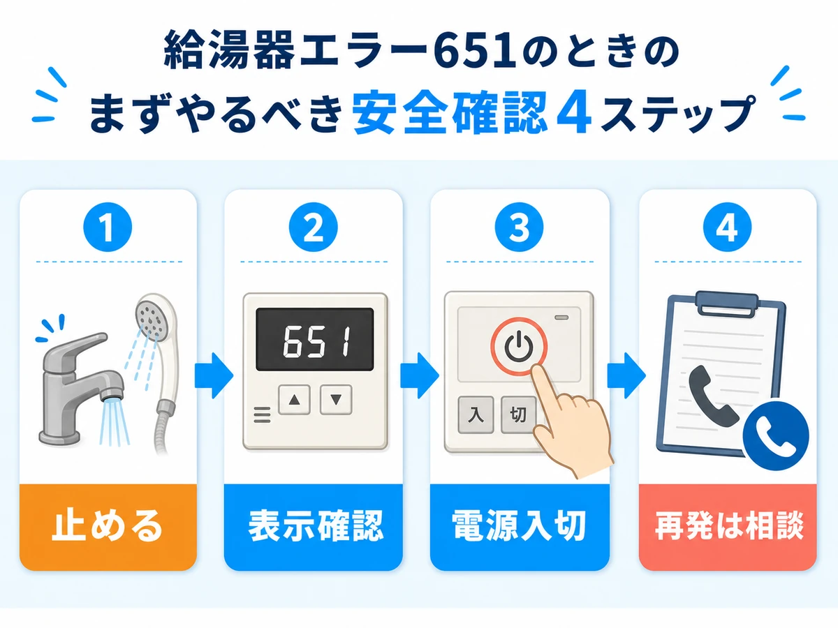 給湯器エラー651が出たときの停止、表示確認、電源入切、再発時相談の流れ