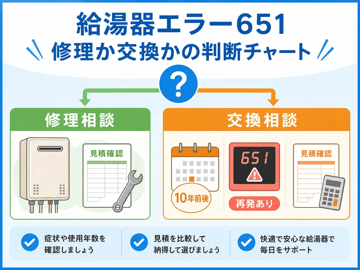 エラー651で修理相談か交換相談かを使用年数や再発で判断する図