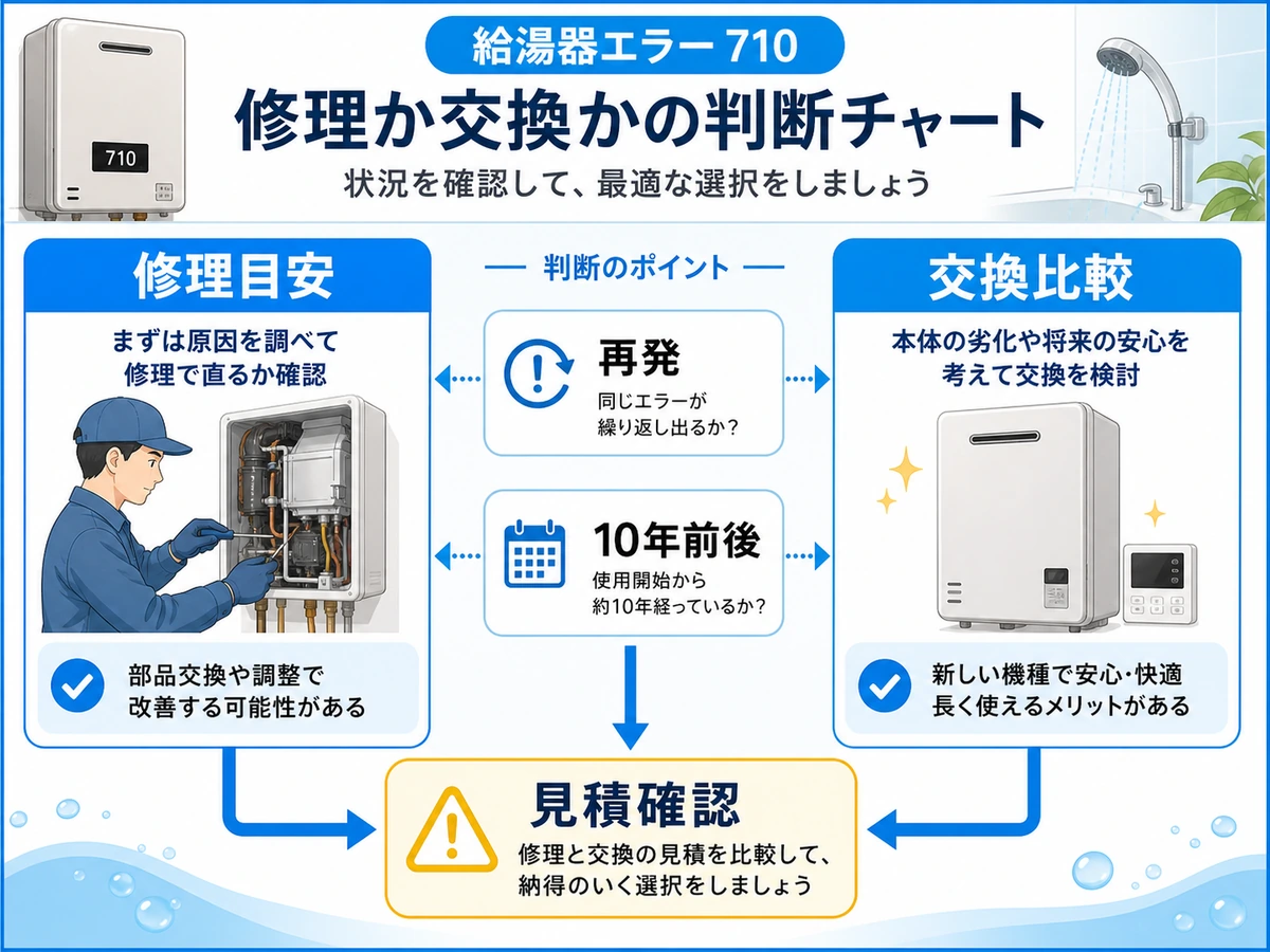 給湯器710エラーの修理と交換を比較する判断チャート