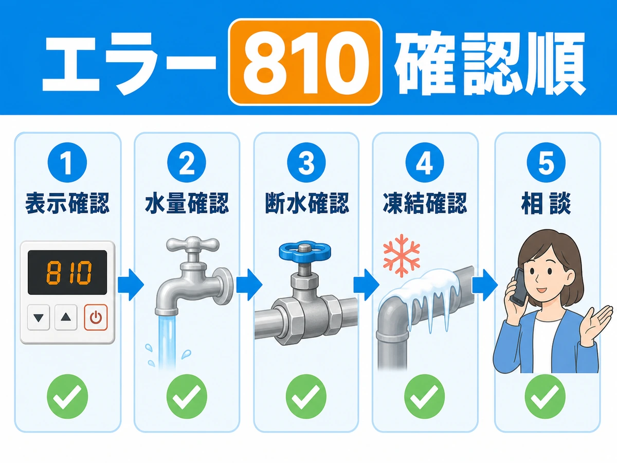 給湯器エラー810で表示、水量、断水、凍結、相談の順に確認する流れ