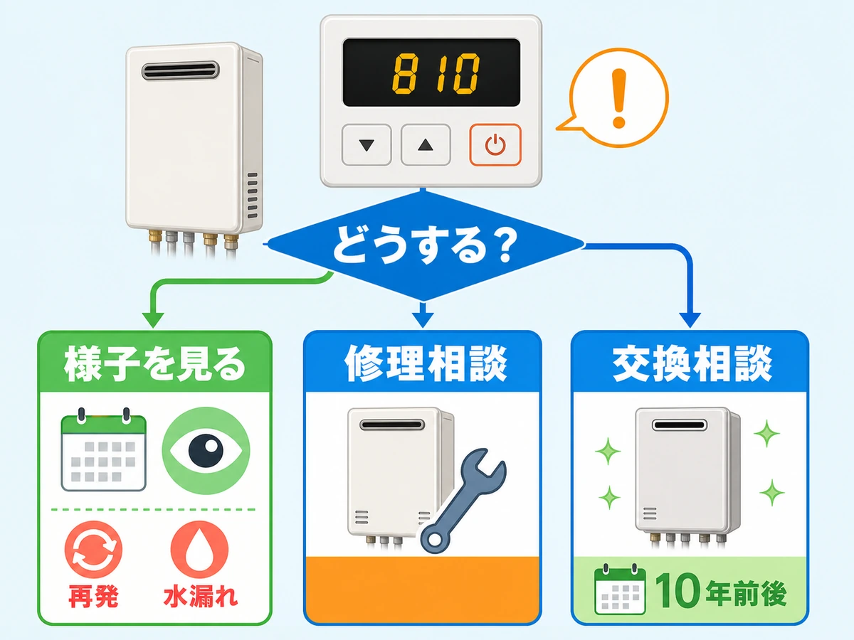給湯器エラー810が直らないときの様子見、修理相談、交換相談の判断図