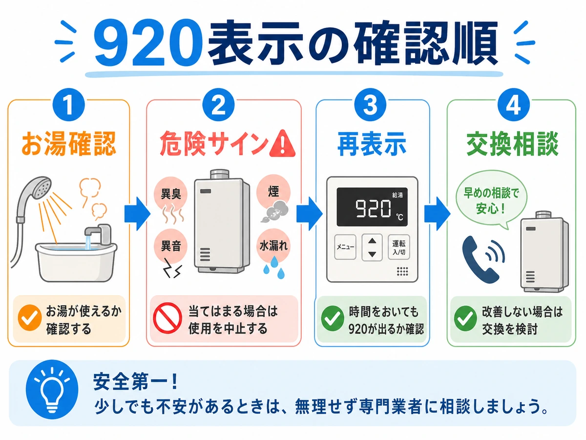 ノーリツ920表示時にお湯確認、危険サイン、再表示、交換相談の順で見る流れ