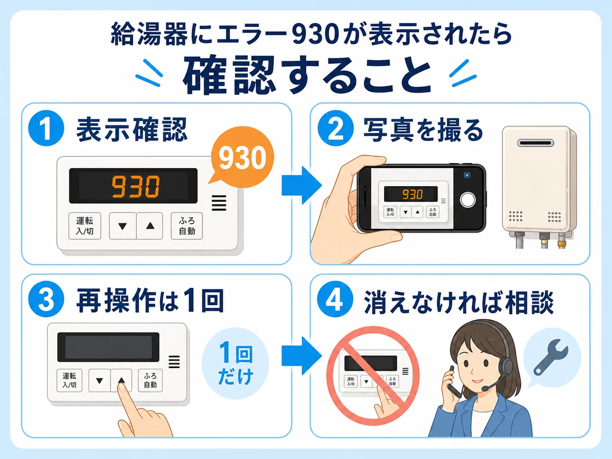 給湯器930表示時に表示確認、写真撮影、1回だけ再操作、相談へ進む流れ