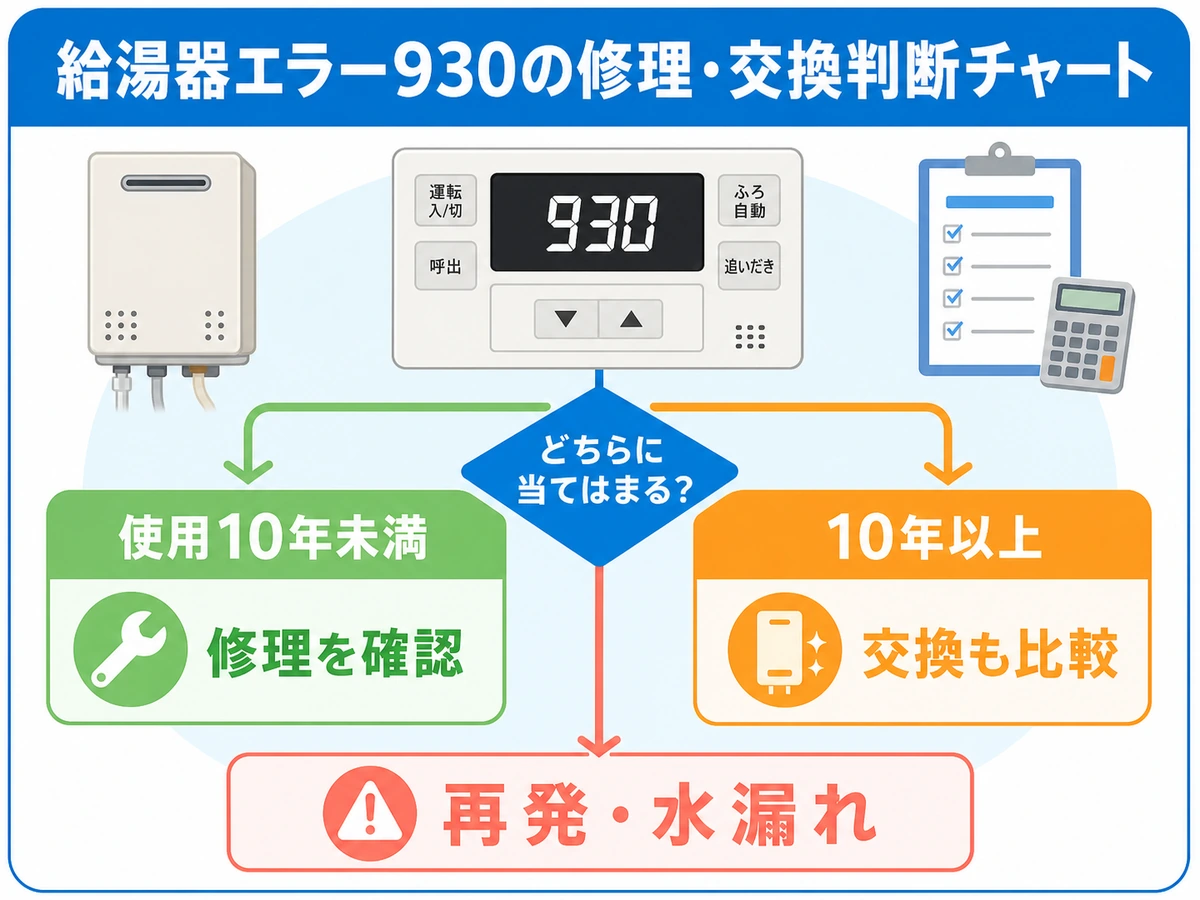 給湯器930で使用年数や再発、水漏れから修理と交換を比べる判断図