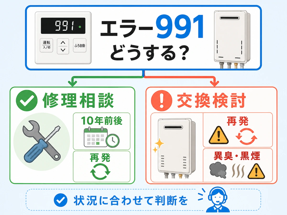 給湯器991エラーで修理相談と交換検討を分ける判断図