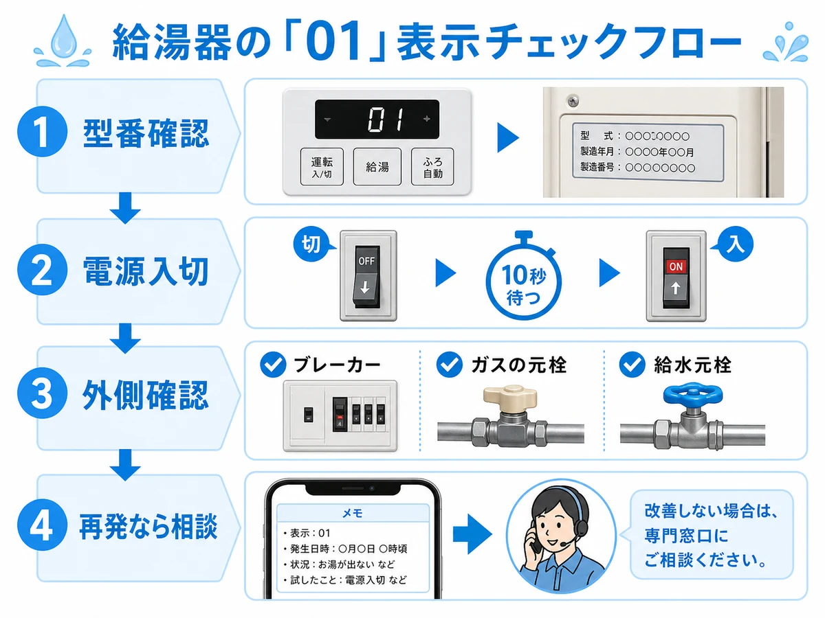 給湯器01表示の確認順を示す図