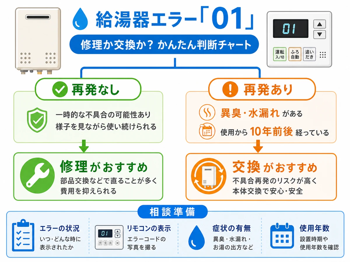 給湯器01エラーの相談判断を示す図