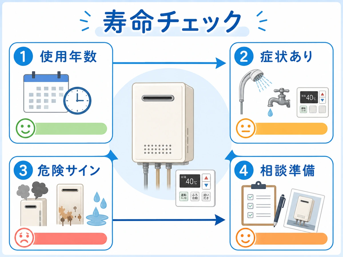 給湯器の寿命を使用年数、症状、危険サイン、相談準備で確認する流れ