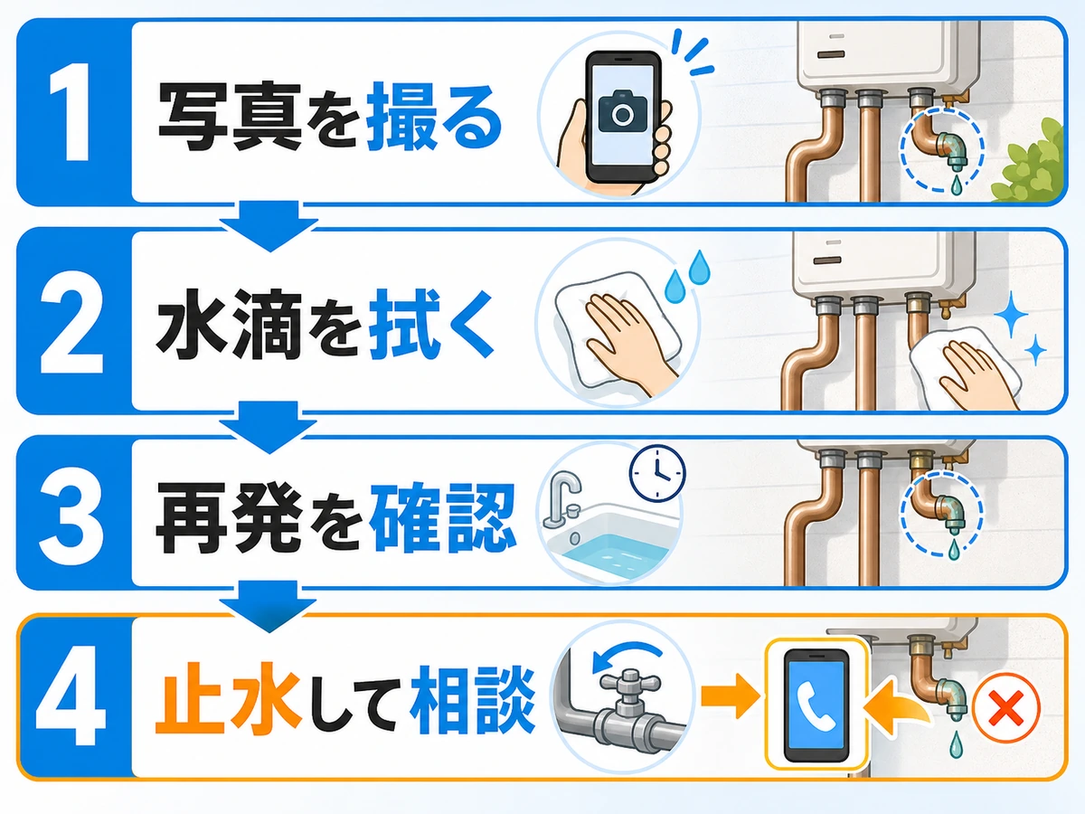 配管の緑色や水滴を見つけたときの写真撮影、拭き取り、再発確認、止水相談の流れ