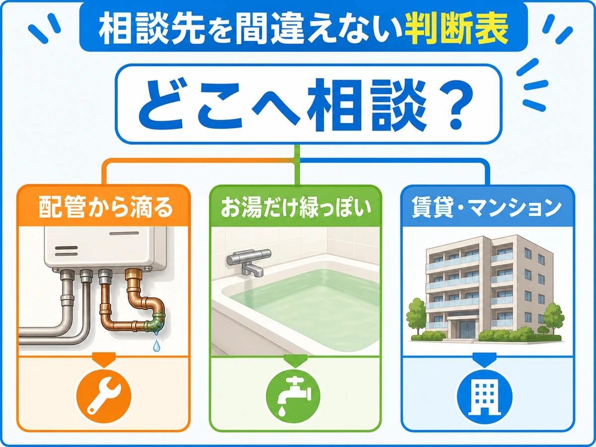配管から滴る場合、お湯だけ緑っぽい場合、賃貸やマンションの場合の相談先の分け方