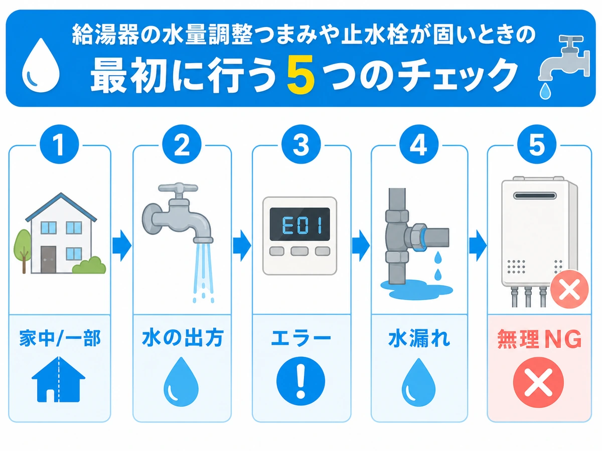 水量調整つまみや止水栓が固い時に確認する範囲やエラー表示の流れ