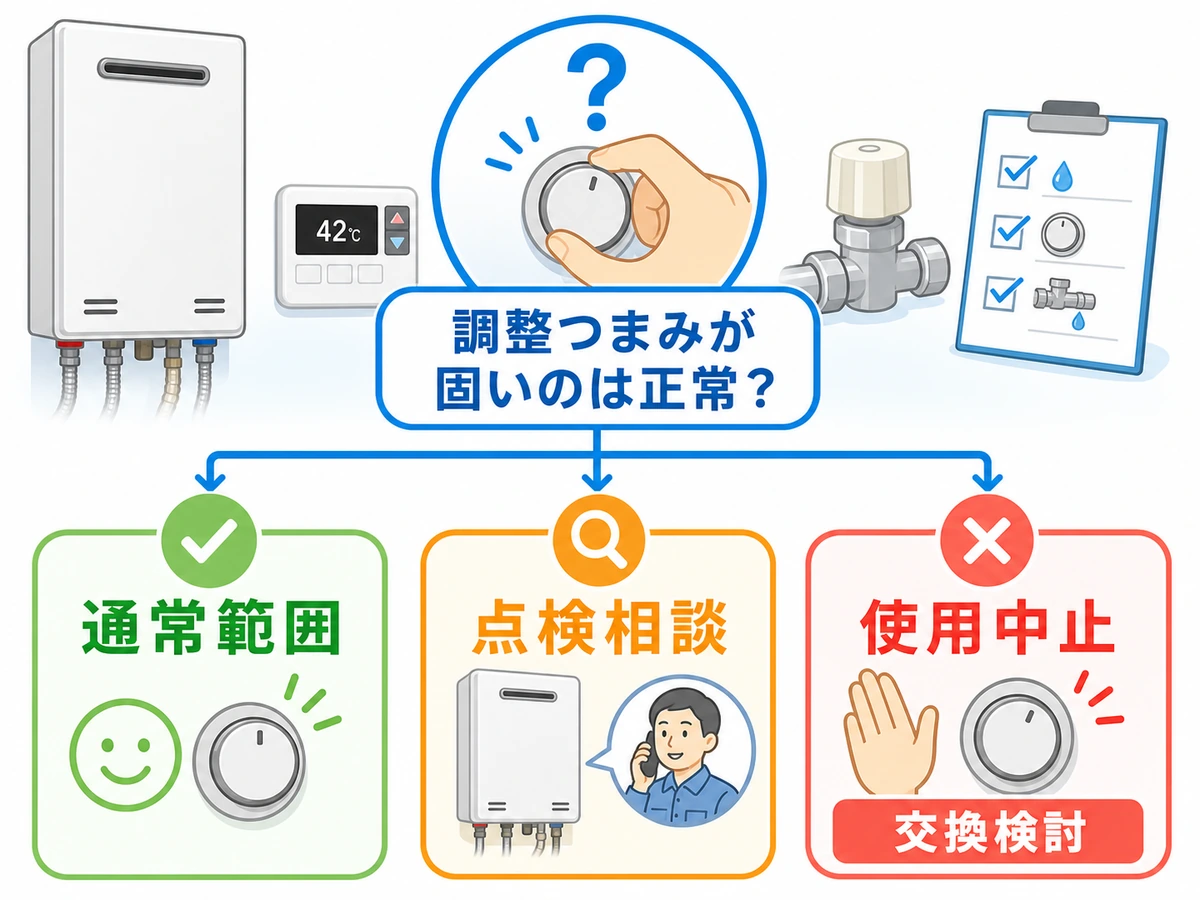 調整つまみが固い時の通常範囲、点検相談、使用中止、交換検討の判断図