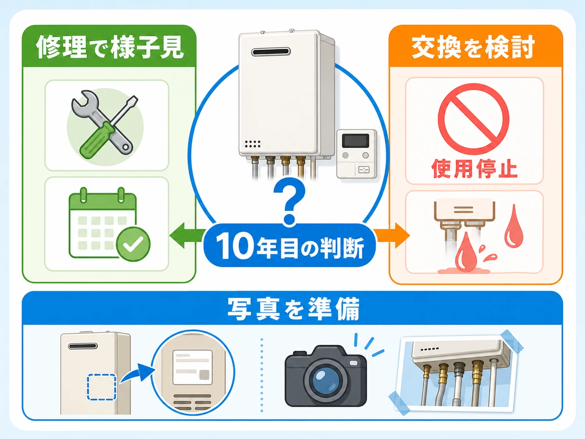 給湯器の修理・交換・使用停止の判断を整理する図