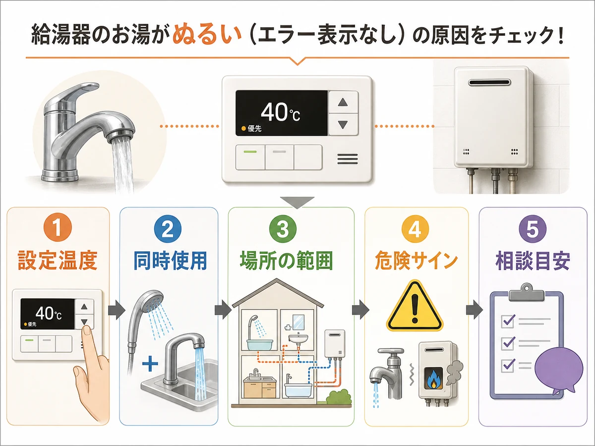 設定温度、同時使用、場所の範囲、危険サイン、相談目安の確認フロー