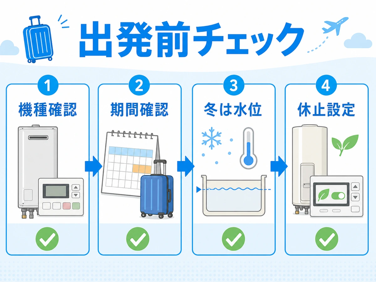 旅行前に給湯器の機種、期間、冬場の水位、休止設定を確認する流れ