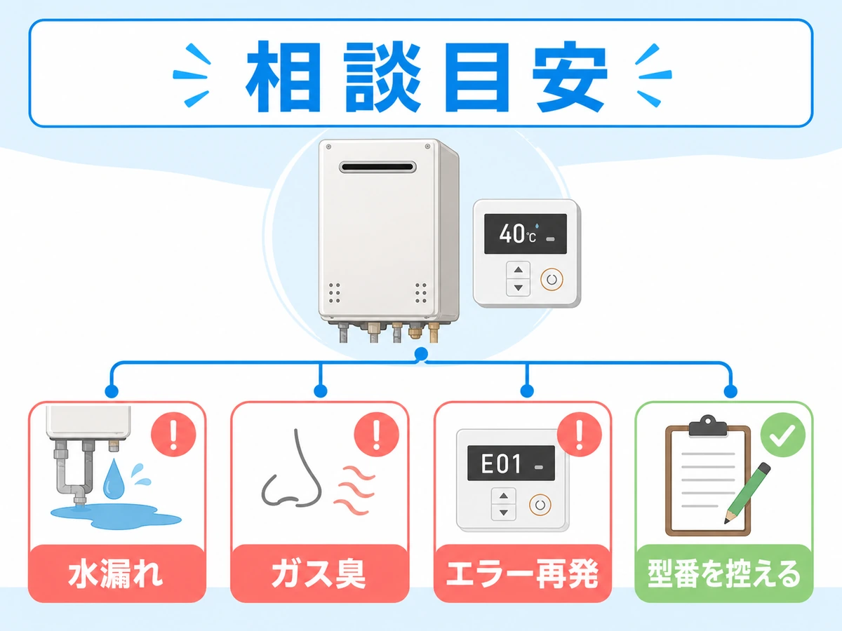 旅行前に給湯器の水漏れ、ガス臭、エラー再発、型番確認を判断する目安