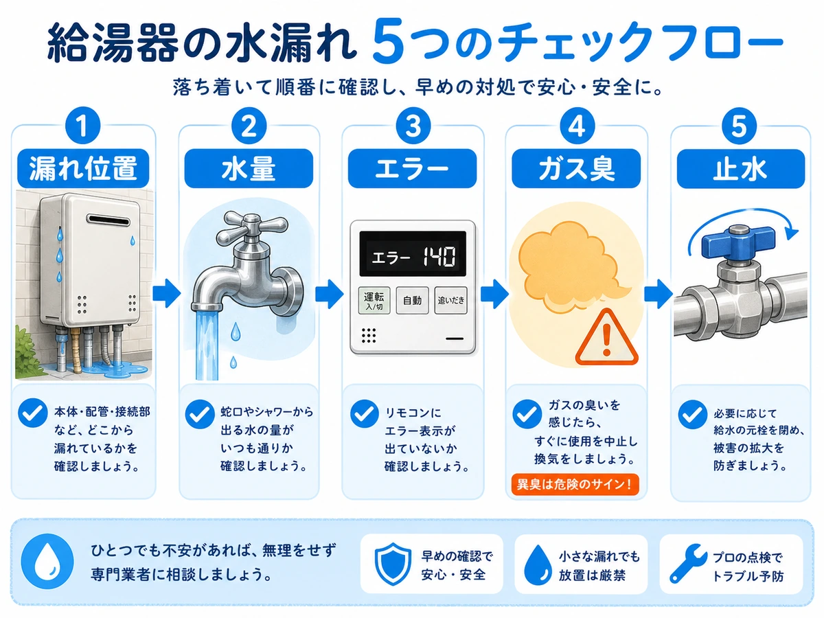 給湯器の水漏れ時に確認する漏れ位置や水量などのチェックフロー