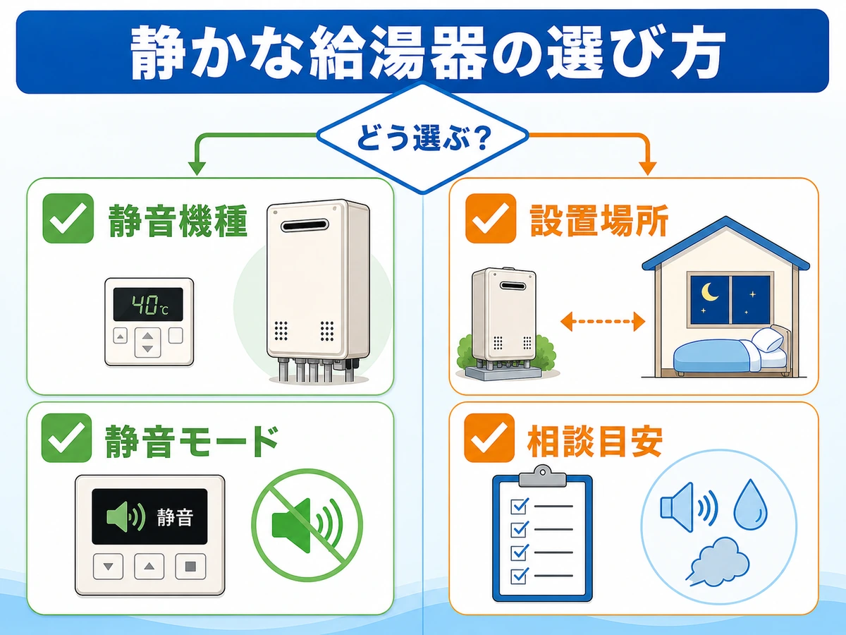 静音機種、設置場所、リモコン音、点検優先を分ける給湯器選びの判断図