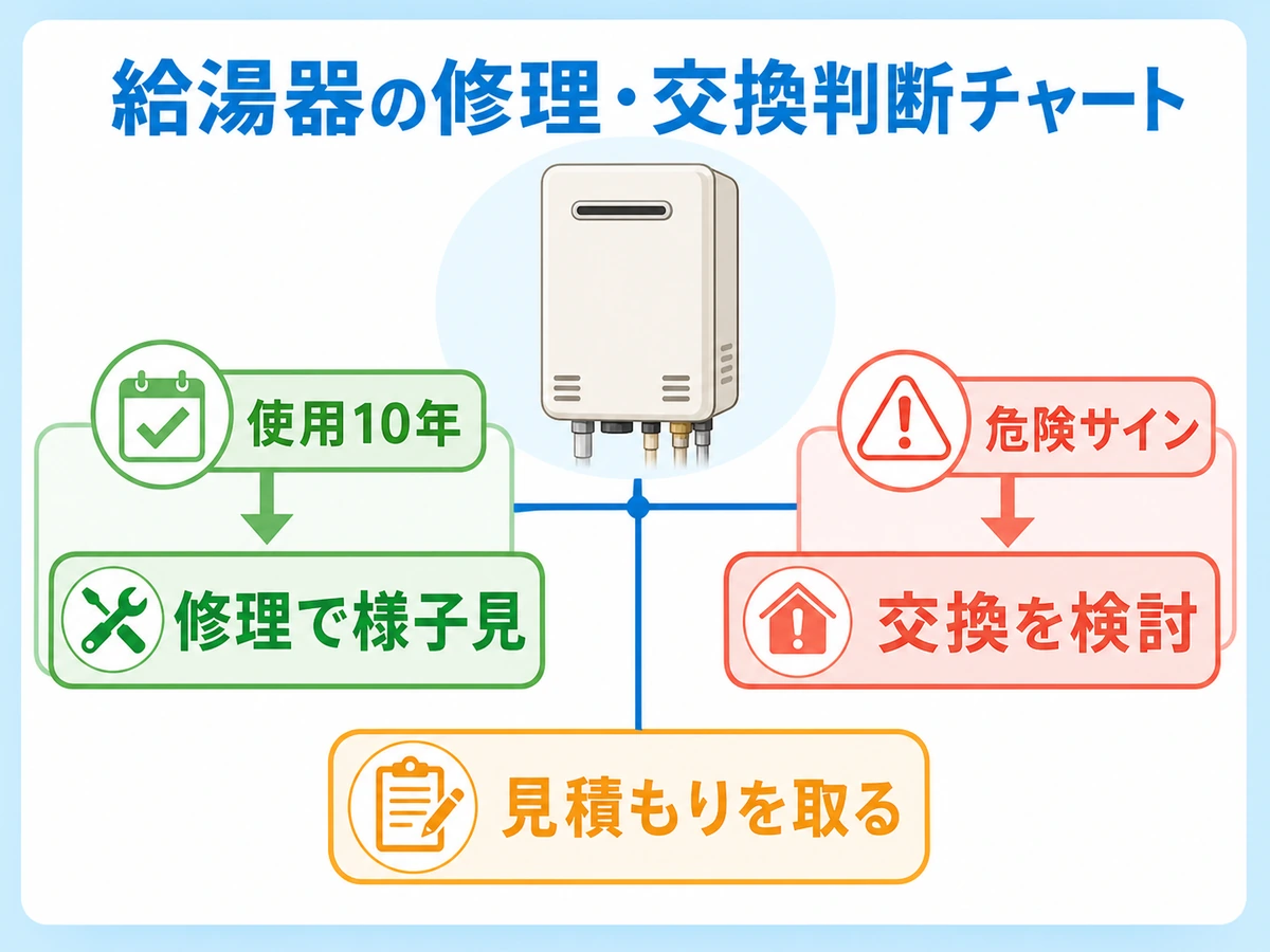 給湯器が動かない時の修理か交換かを判断する図