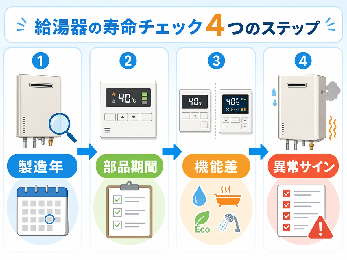 型落ち給湯器で確認する製造年・部品期間・機能差・異常サイン