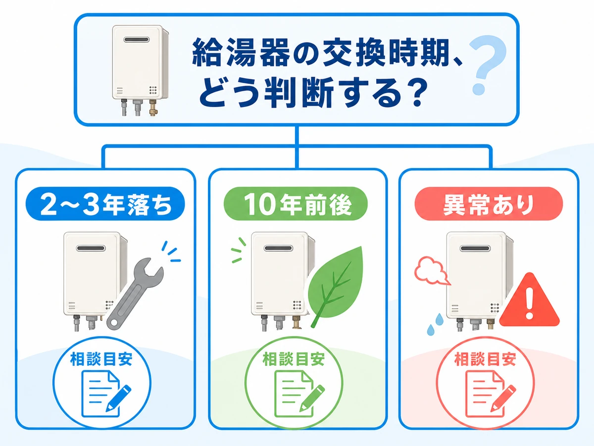2〜3年落ち・10年前後・異常ありで給湯器の相談目安を分ける判断図