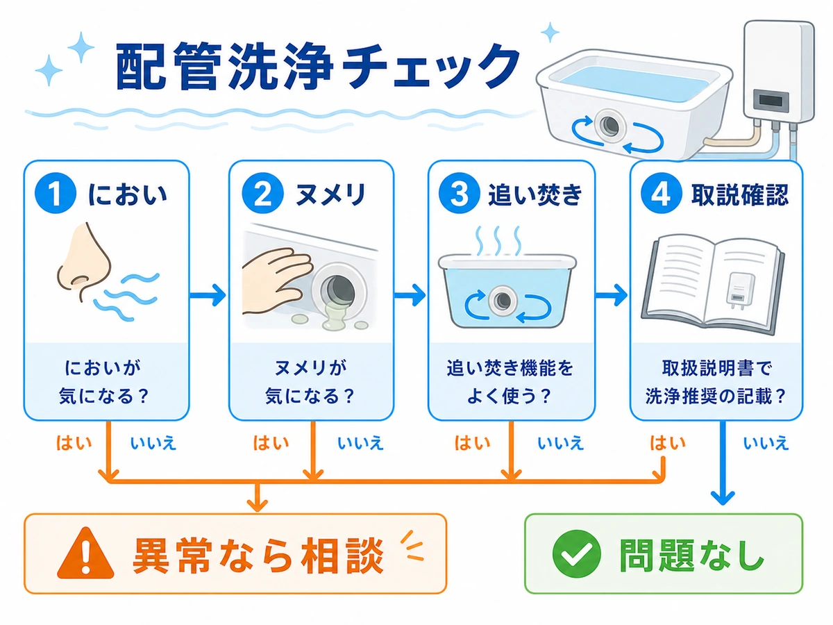 給湯器配管洗浄の必要性をにおい、ヌメリ、追い焚き、取扱説明書で確認する流れ