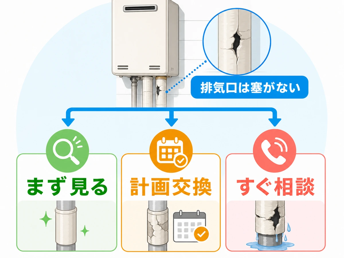 配管カバーの劣化状態別に様子見、補修、交換、点検を分ける判断フロー