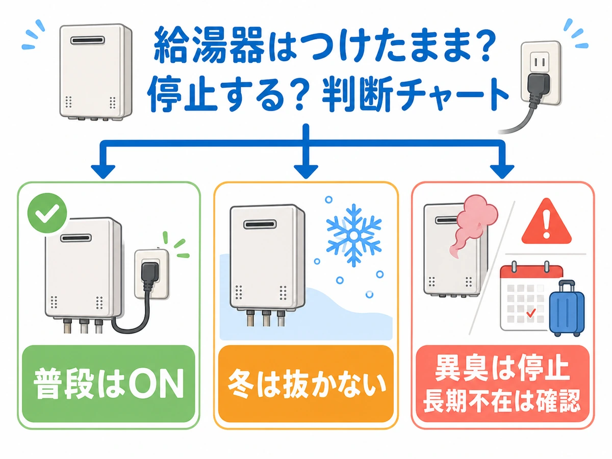 普段はON、冬は抜かない、異臭時は停止、長期不在は確認する判断チャート