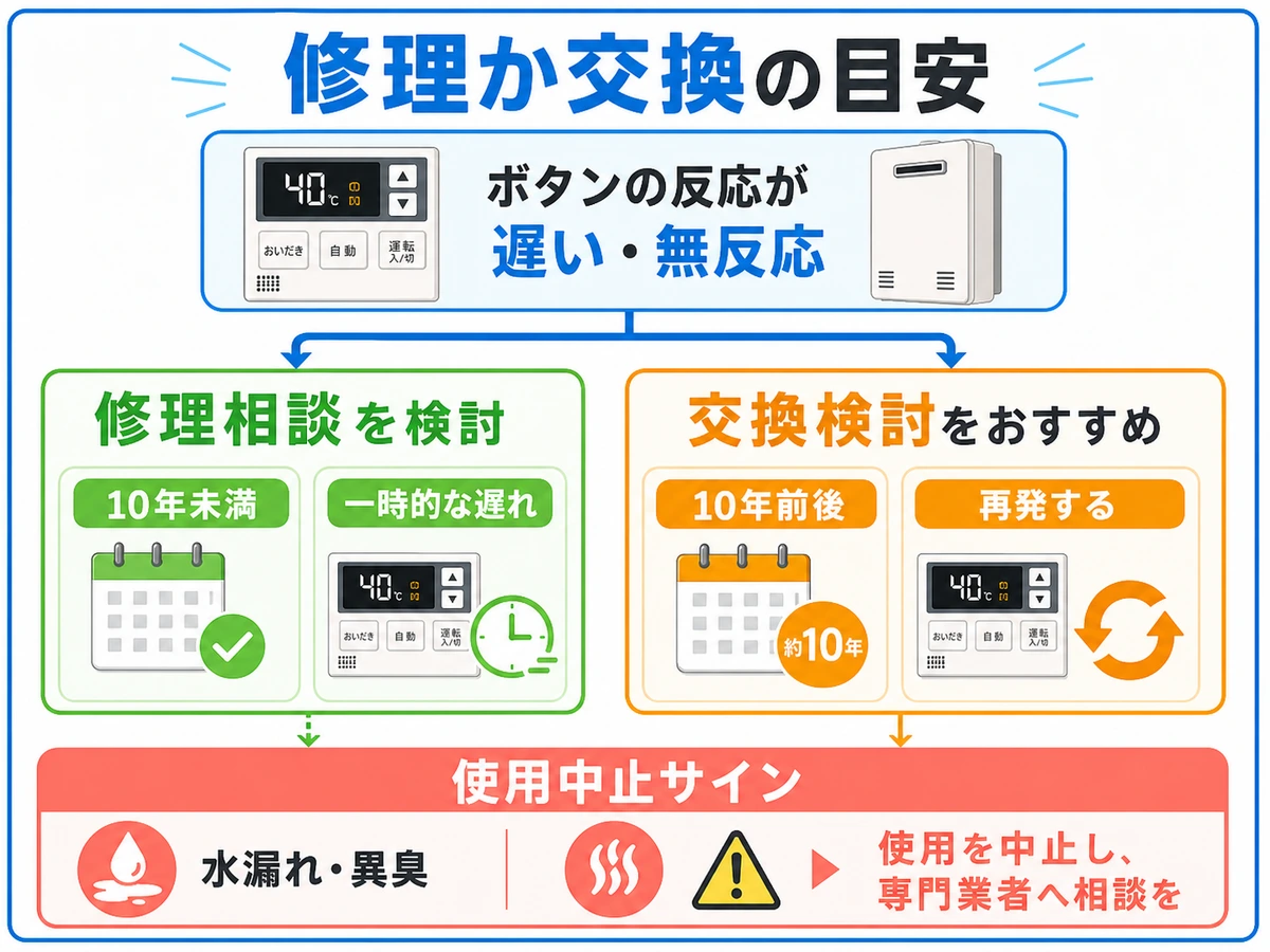 給湯器リモコンの反応不良で修理か交換かを判断する図